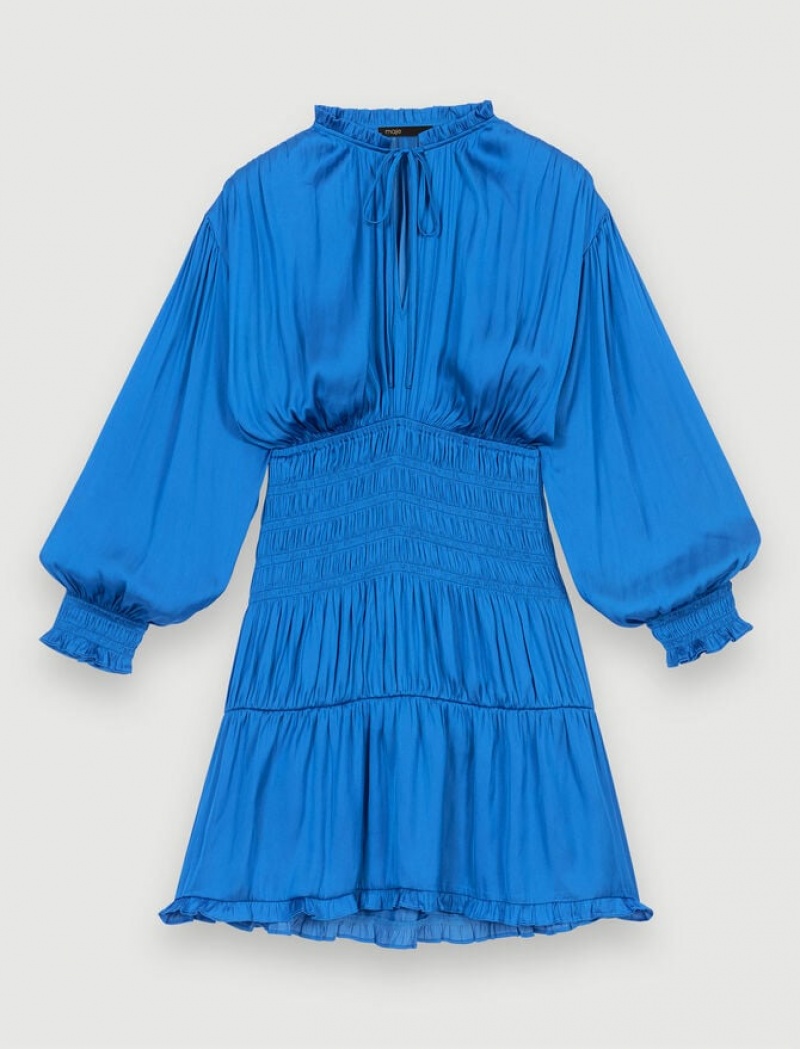 Maje Smocked Jurken Dames Blauw | DRWHZUJ-35